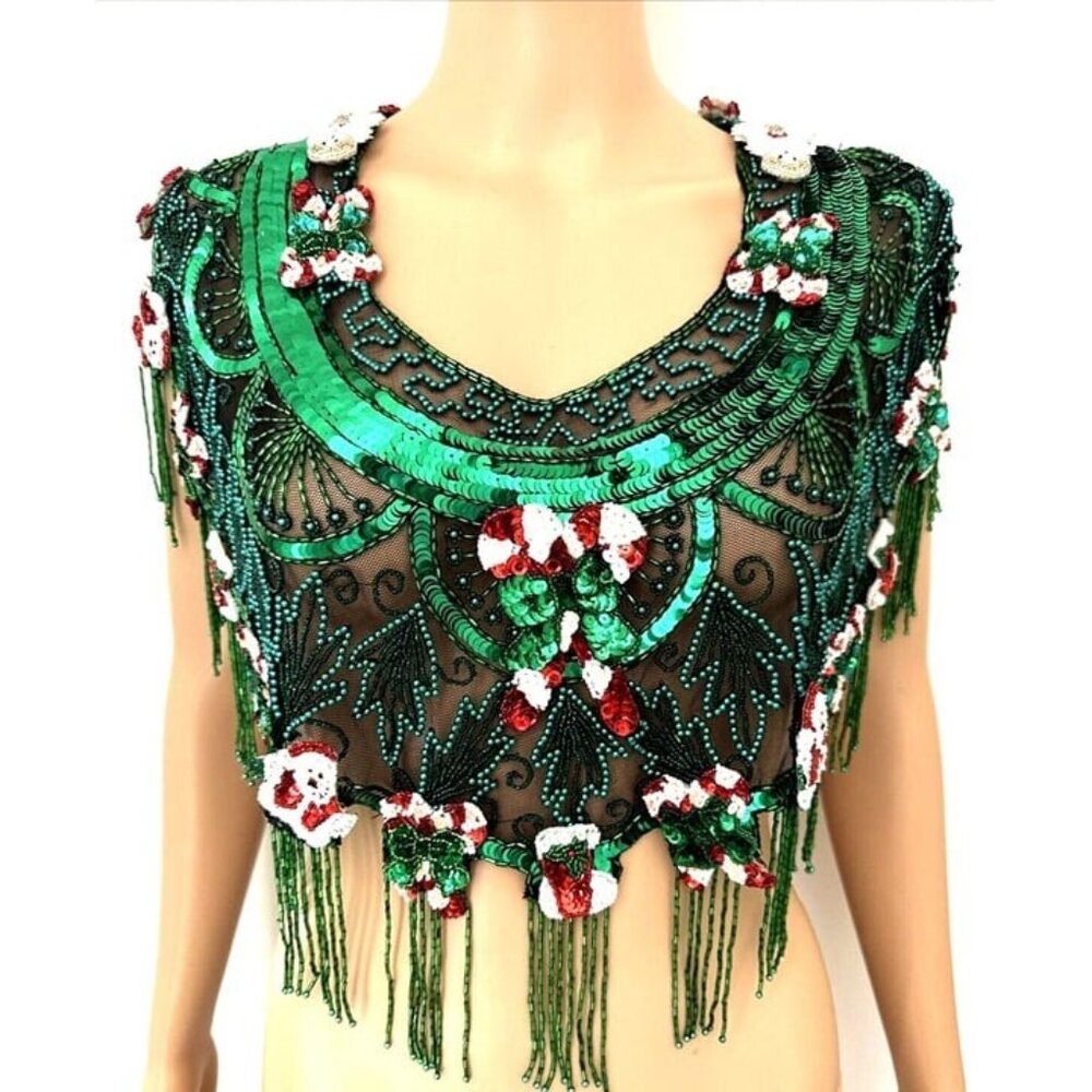 Christmas Handcrafted Beaded Green Sequins Bib Necklace Mesh Collar Statement
